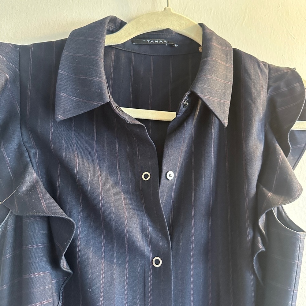 T Tahari Navy pinstripe Midi Dress with Ruffle Sleeves - Picture 2 of 5